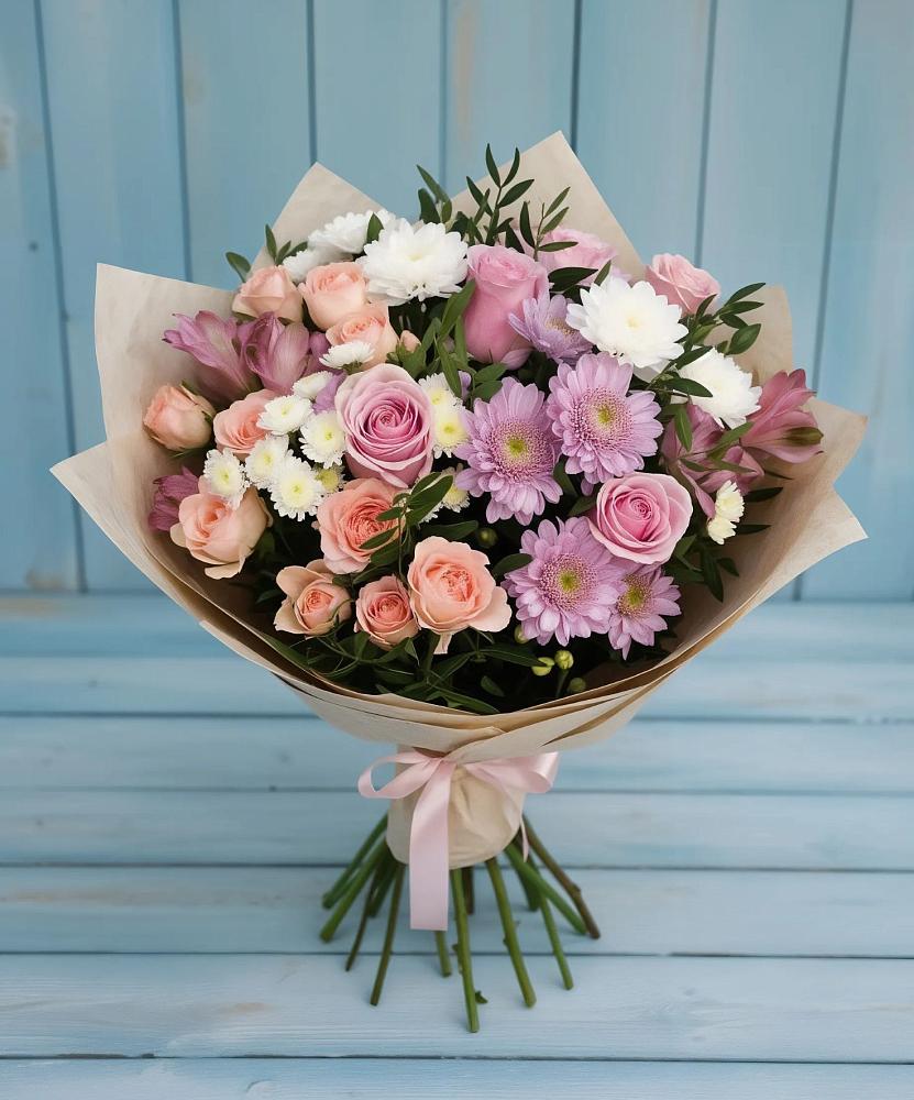 Букет цветов из: Хризантемы, Розы и Альстромерии в Табачный