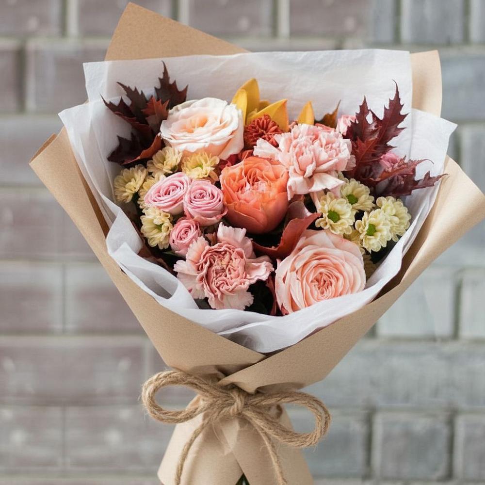 Букет цветов из: Гвоздики, Хризантемы и Розы в Табачный