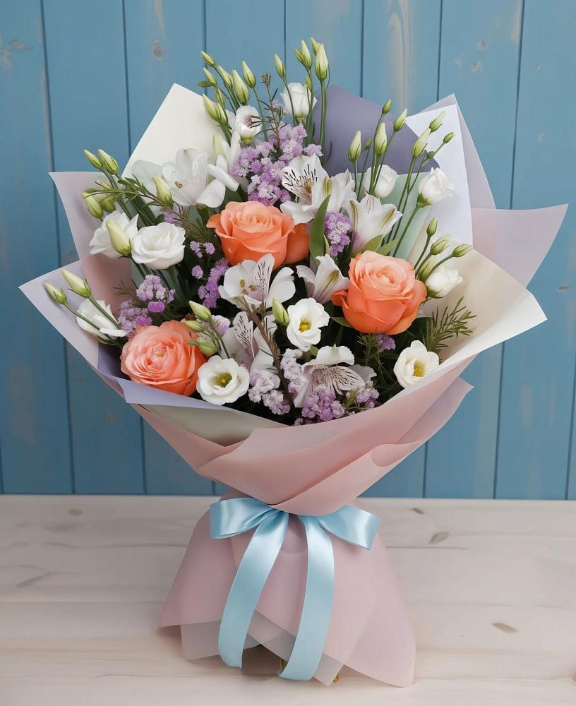 Букет цветов из: Лизиантусы, Розы, Альстромерии и Гипсофила в Табачный