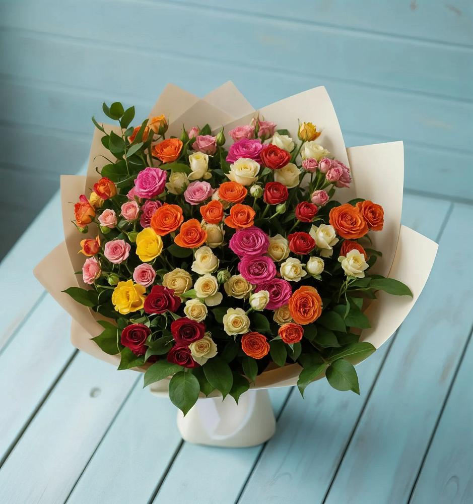 Букет Микс из разноцветных кустовых роз в Табачный