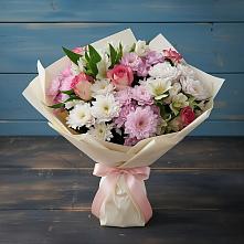 Букет цветов из:  Хризантемы, Альстромерии и Розы #REPLACE_PRED# Табачный