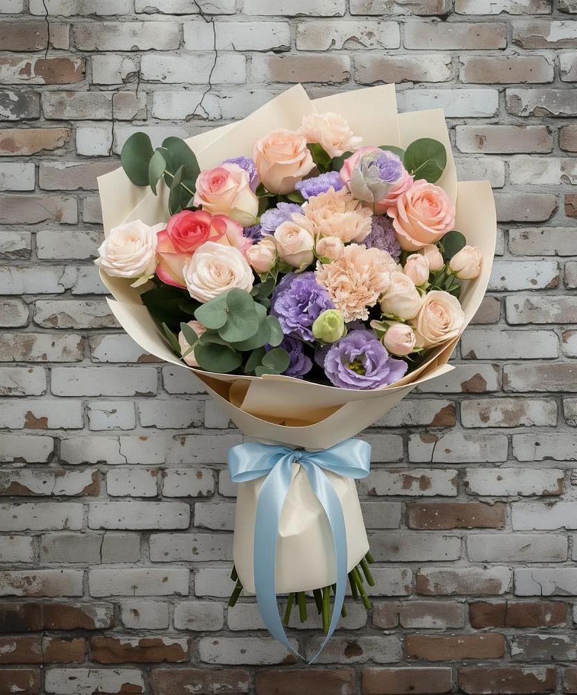 Букет цветов из: Розы, Лизиантусы и Гвоздики в Табачный